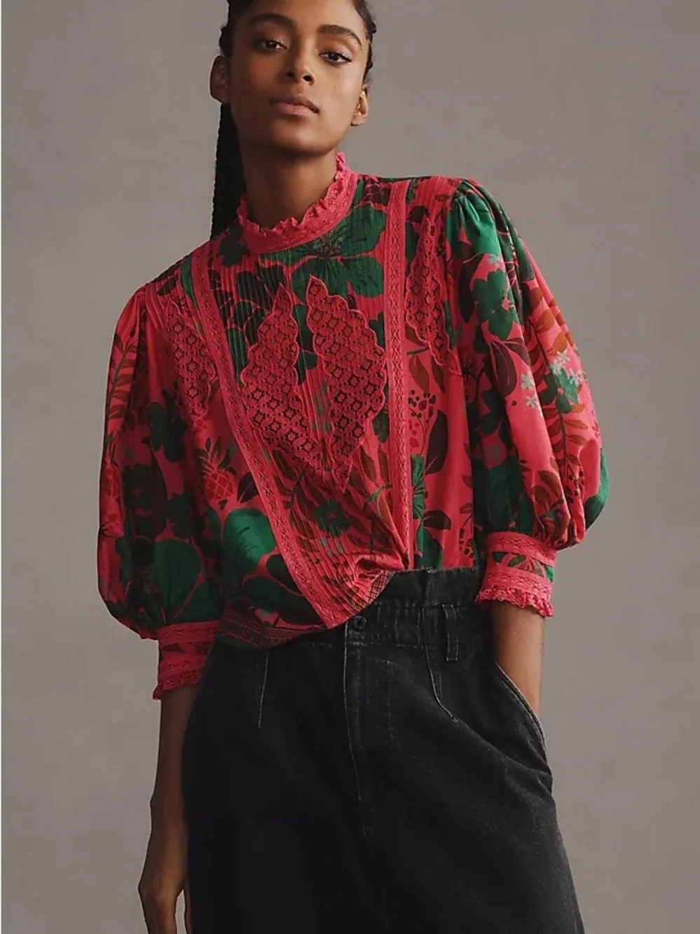 FARM Rio Red Floral Lace-Trim Puff Sleeve Blouse - Picture 4 of 6